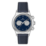 Monteva vintage chronograph watch with a silver-toned case, dark blue dial with white Arabic numerals, and a dark blue textur