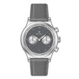 Monteva vintage chronograph watch with a grey textured strap and a dark grey dial featuring Arabic numerals and silver-toned