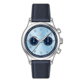 MONTEVA vintage chronograph watch with a silver-toned case, light blue dial with Arabic numerals, and a dark blue textured le