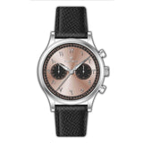 Monteva vintage chronograph watch with a rose gold-toned dial, silver-toned case, and black textured leather strap.