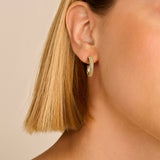 Gold-toned hoop earring with three parallel bands; outer bands are textured with small dots, the middle band is smooth.