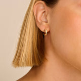 Gold-toned hoop earring featuring a continuous pattern of small heart-shaped elements and one clear round gem.