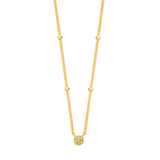 Yellow gold-plated beaded necklace with a small, circular pavé-set clear stone pendant on a fine curb chain.