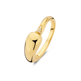Polished gold-toned ring with a smooth, elongated drop shape and a triangular cluster of clear stones where it meets the band