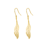 Pair of yellow gold-plated dangle earrings, each featuring a textured leaf-shaped pendant and a small clear stone.