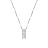 White plated necklace with a silver-toned curb chain. The pendant is a vertical bar with two parallel strips, each set with c