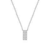 White plated necklace with a delicate chain and a rectangular pendant featuring two parallel bars embellished with clear ston