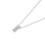 Silver-toned necklace with a delicate curb chain and a rectangular bar pendant featuring two parallel rows of sparkling clear