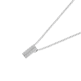 White plated necklace with a delicate chain and a rectangular bar pendant featuring two parallel rows of sparkling clear ston