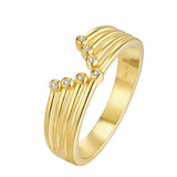 Yellow gold-plated multi-band open ring with eight clear round gemstone accents in bezel settings.