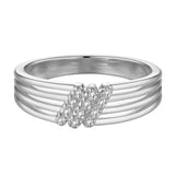 White plated ring with a wide band featuring three parallel grooves. Three diagonal rows of clear stones adorn the center.