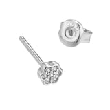 White-plated flower stud earring with clear stones, and its white-plated butterfly back. Both pieces are stamped "925".