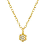 Yellow gold-plated chain necklace with a small flower-shaped pendant featuring clear cubic zirconia stones.