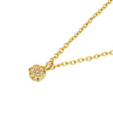 Gold-toned necklace with a delicate linked chain and a small flower-shaped pendant featuring seven clear round stones.