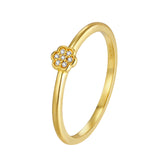 Yellow gold plated ring with a flower motif featuring seven clear, round-cut stones
