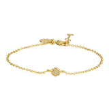 Yellow gold-plated chain bracelet with a central flower charm embellished with clear stones. Features a lobster clasp and adj