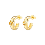 Pair of yellow gold plated C-shaped hoop earrings, each featuring a raised rose flower with a small clear stone in its centre