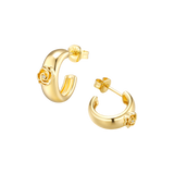 Pair of gold-toned C-hoop earrings. Each features a rose design with a clear stone and a post-back closure.