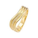 Yellow gold-plated wavy ring with a row of clear, round-cut stones set along one band.