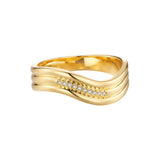 Gold-toned ring with a wavy, multi-band design. The central band features a row of small, round, clear stones.