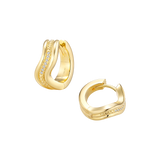 Pair of yellow gold plated undulating hoop earrings, one with a row of clear brilliant-cut stones and beaded texture.