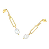Pair of gold-toned dangle earrings with stud posts, small clear stones, an elongated oval link, and an irregular off-white pe