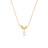 Yellow gold-plated necklace with two textured leaf charms, a small clear stone, and a white baroque pearl drop pendant.