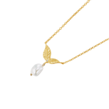 Gold-toned necklace with a delicate chain, featuring two textured leaf-shaped elements, a small clear gem, and a white baroqu