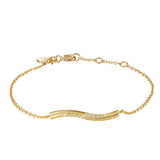 Yellow gold-plated delicate chain bracelet with a central curved bar embellished with small clear stones.