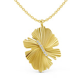 Yellow gold-plated Fanora necklace with a ribbed, leaf-shaped pendant featuring a diagonal line of clear gemstones.