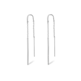 Pair of white plated threader earrings with a U-shaped wire and chain. One earring features a plain bar, the other a bar with