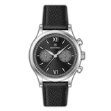 MONTEVA Vintage Chronograph watch with a silver-toned case, black dial, and black textured leather strap.