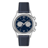MONTEVA vintage chronograph watch with a dark blue dial, silver-toned case, and a dark blue textured leather strap.