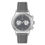 Silver-toned MONTEVA vintage chronograph watch with a dark grey dial and a grey textured leather strap