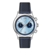 MONTEVA vintage chronograph watch with a light blue dial, silver-toned case, and dark blue textured leather strap.