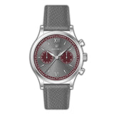 Silver-toned Monteva vintage chronograph watch with a grey dial, burgundy sub-dials, and a grey textured leather strap