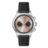MONTEVA chronograph watch with a silver-toned case, rose gold-toned dial, and black textured leather strap.