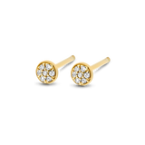 Pair of small, circular yellow gold plated stud earrings, each set with a cluster of clear diamonds.