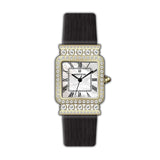 Monteva Ladies Gold-Tone - Diamond Bezel, MOP Roman Dial, Black Leather Strap Watch