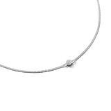 White-plated thin curb chain bracelet with a single round clear stone in a bezel setting fixed along the chain.