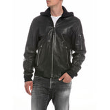 Replay Men's Leather Bomber Jacket with Hood