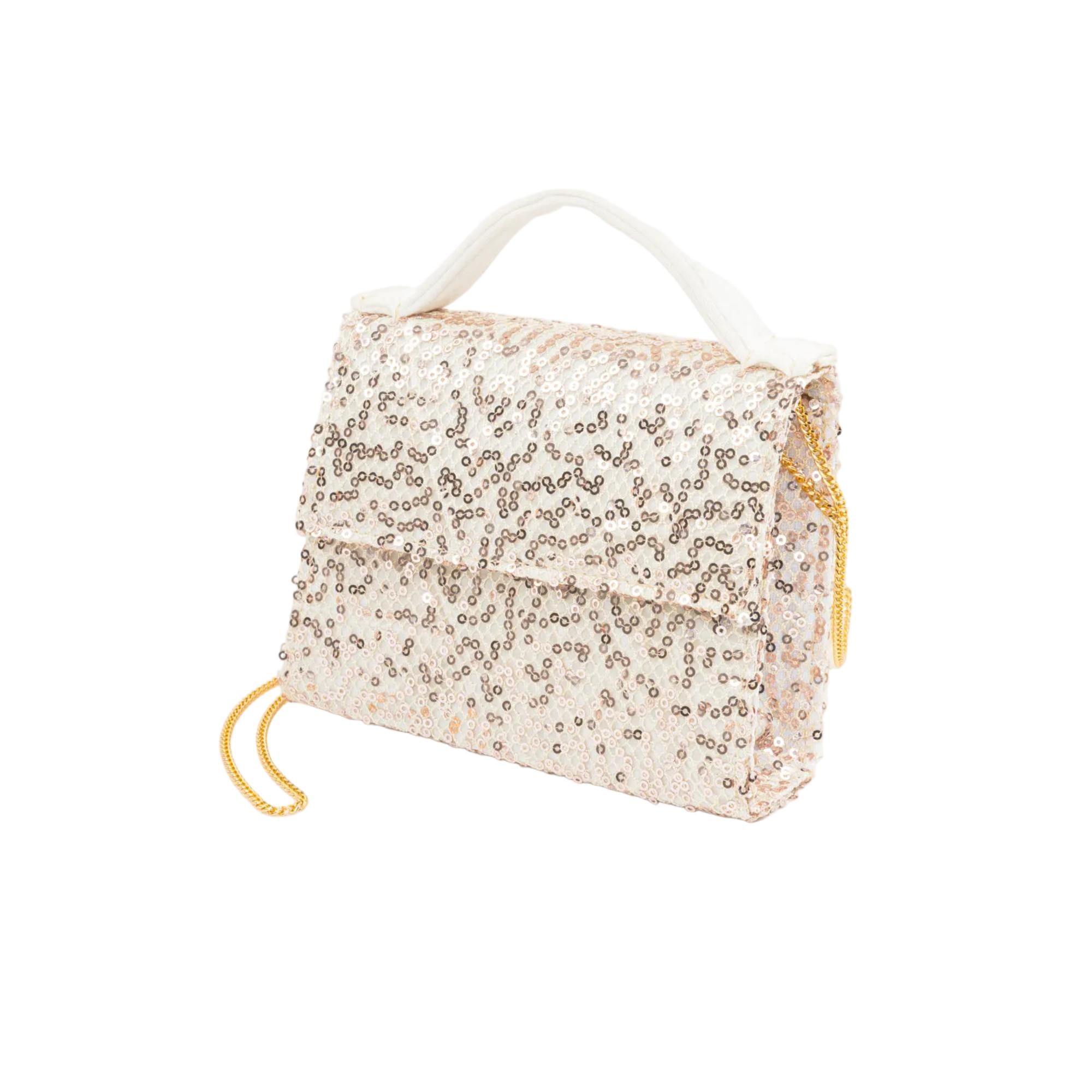 Gold-toned sequin handbag with a white top handle and a gold-toned chain strap, featuring a flap closure.