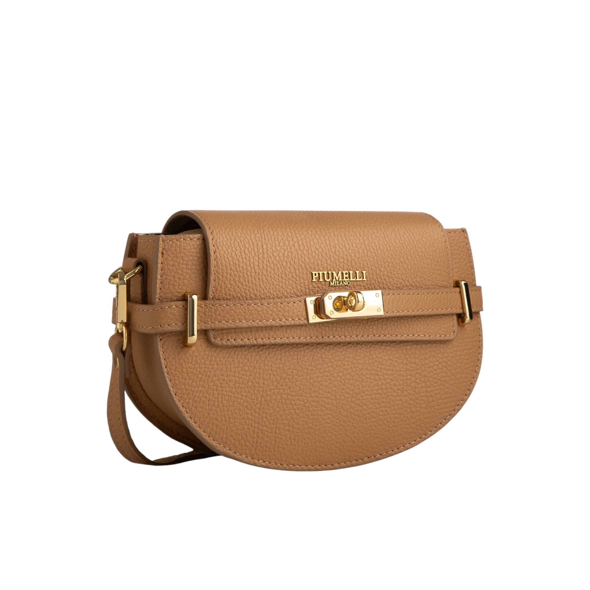 Warm beige pebbled leather half-moon bag with a flap, gold-toned turn-lock clasp on a horizontal strap, and adjustable strap.