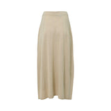 Back view of the Max Mara beige knit skirt, highlighting the seamless ribbed construction and soft A-line drape.