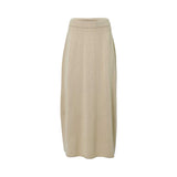 Front view of a Max Mara beige ribbed knit midi skirt against a white background, showing the vertical texture and elastic waistband.