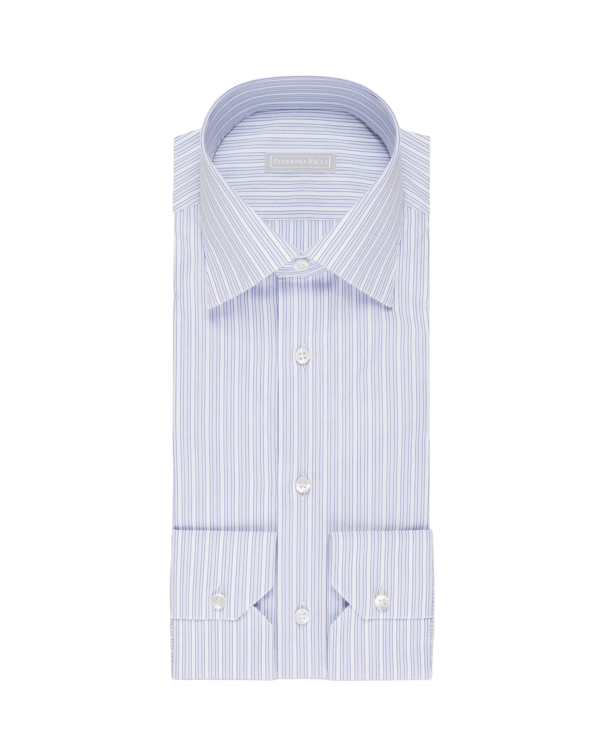 Light blue and white striped men's dress shirt with a spread collar and double cuffs, neatly folded.