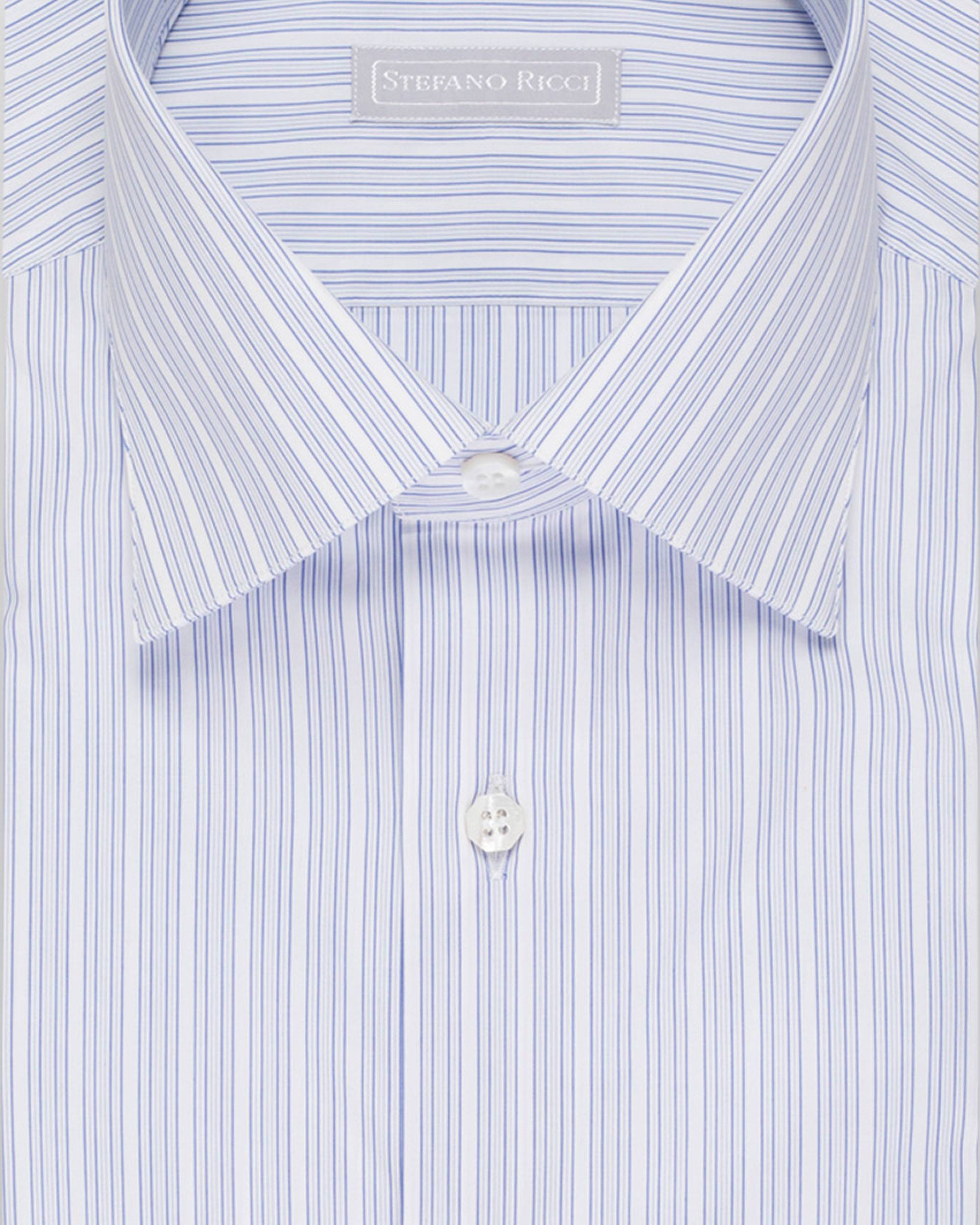 Light blue and white pinstriped dress shirt with a pointed collar, button-front, and white buttons. "STEFANO RICCI" label on