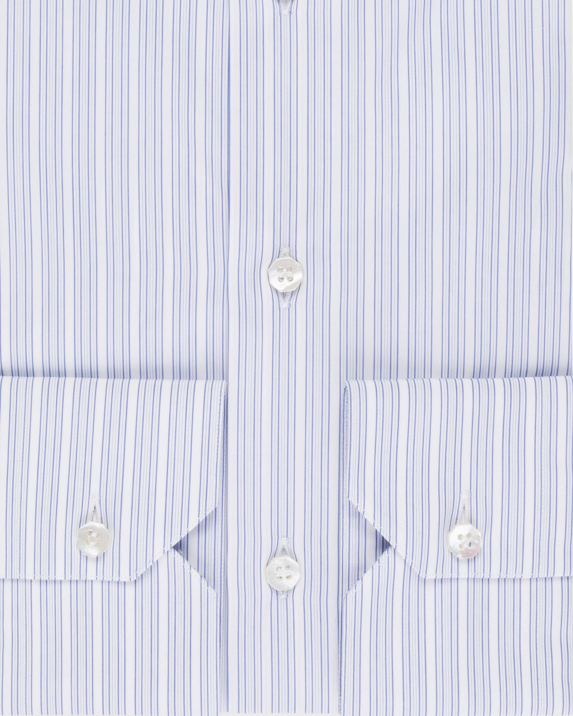 Light blue and white pinstriped shirt with a front button placket and two single-button cuffs with pointed flaps.