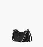 The MCM Aren Duo Hobo set in soft black, showing the smooth leather pouch attached to the Visetos monogram main bag with a gold chain.