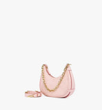 The MCM Aren Duo Hobo set in soft pink, showing the smooth leather pouch attached to the Visetos monogram main bag with a gold chain.